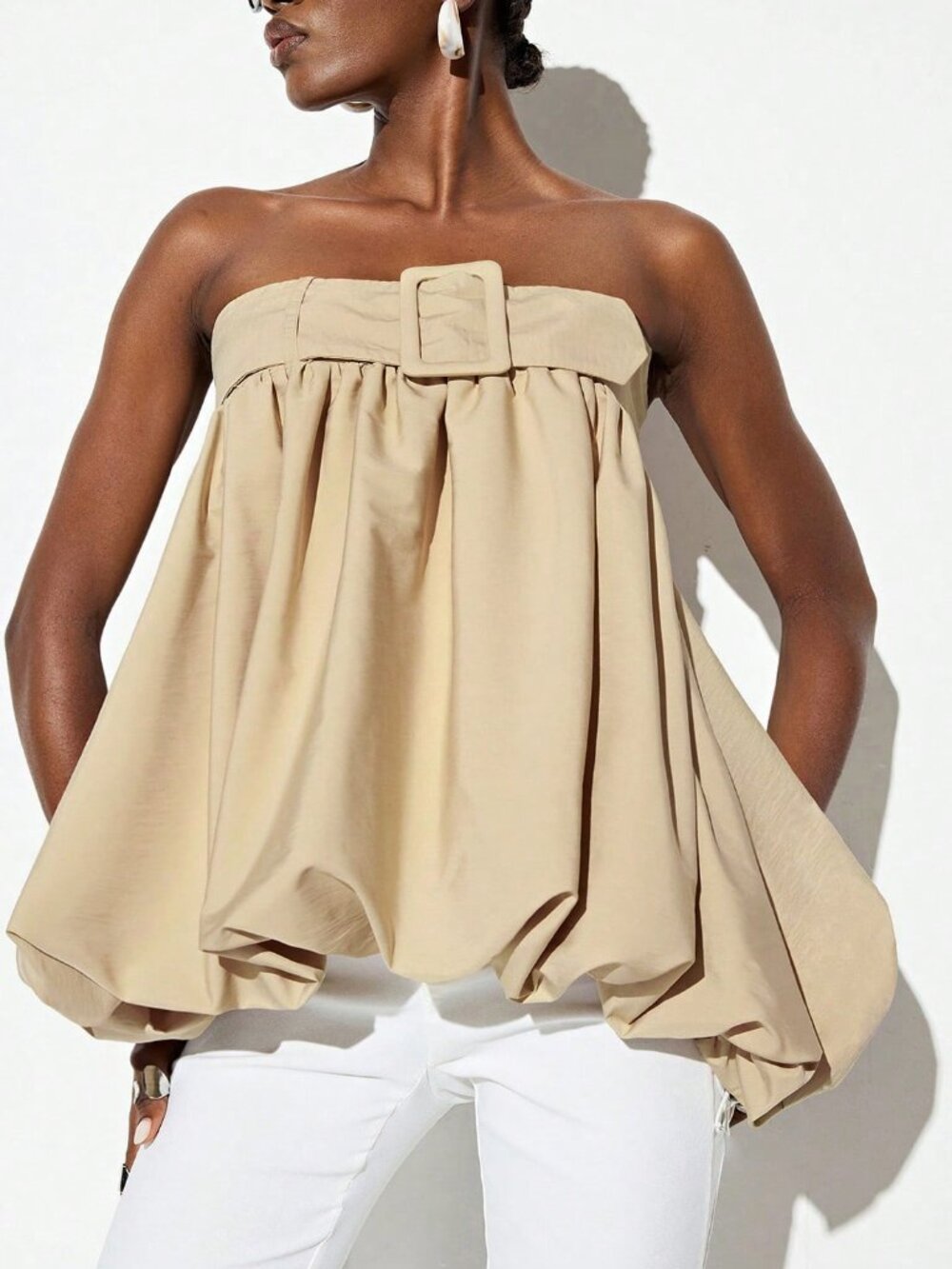 Khaki Casual Women's Strapless Belt Buckle Voluminous Balloon Hem Top - Picture 4 of 7